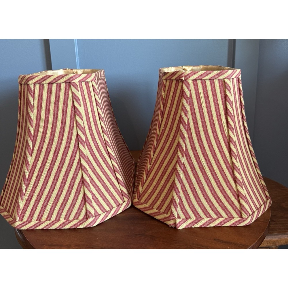 Vintage Custom Bell Lampshades Pair Burgundy Tan Ticking Stripe Satin Lined